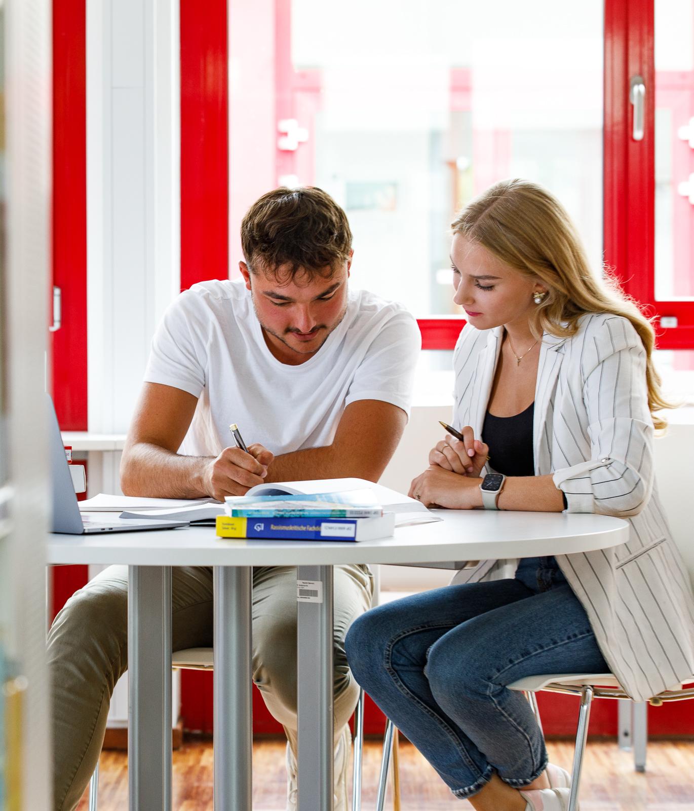 Zwei Studierende arbeiten an einem Tisch